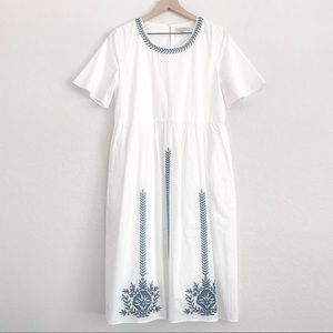 White / Blue Embroidered Midi Dress